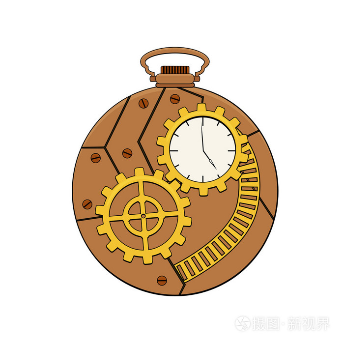 蒸汽朋克铜口袋时钟与金属齿轮在涂鸦风格插画-正版商用图片0ghq8p-摄