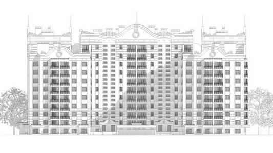 3d 铅笔素描插图现代多层建筑外立面与庭院景观设计