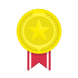 金牌矢量图标。平卡通徽章金色标志与红色丝带