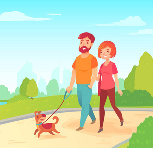 快乐的年轻家庭妻子和丈夫在公园散步与他们的狗
