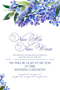 祝贺或邀请婚礼的蓝色颜色的模板。插图由标记, 美丽的组成丁香和树枝与树叶。仿水彩画