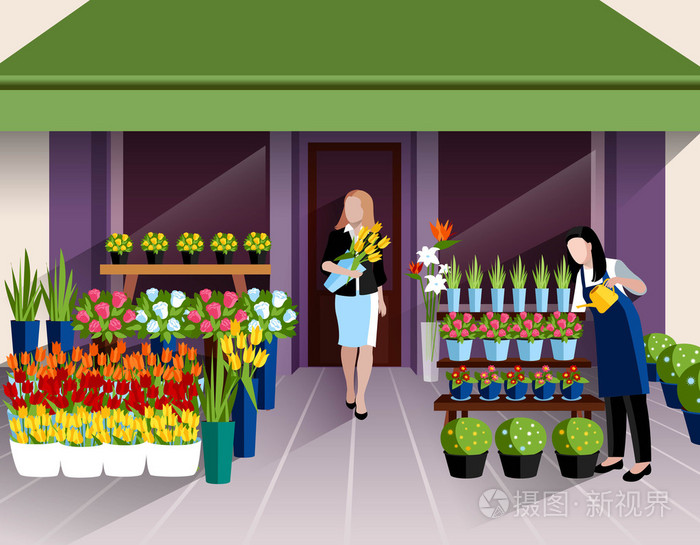 鲜花店入口横幅插画-正版商用图片0gii3e-摄图新视界