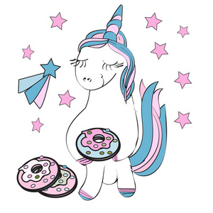 矢量插图与可爱的卡通独角兽吃美味的甜甜圈