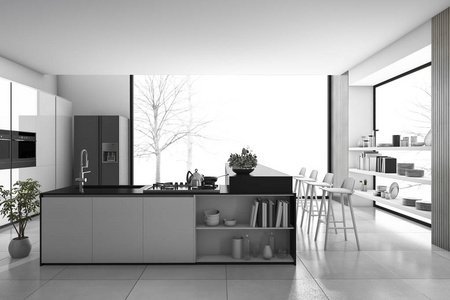 3d 渲染黑色和白色现代厨房和阁楼餐厅