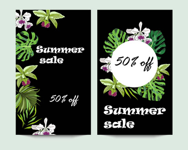 夏季销售垂直矢量横幅与热带异国情调的花朵和叶子的黑色背景