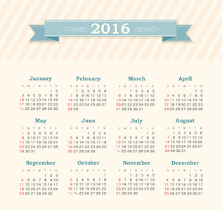 2016 年的日历。周从星期日开始