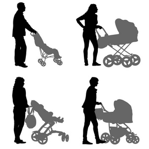 设置在白色背景上的黑色剪影家庭与婴儿车。矢量图