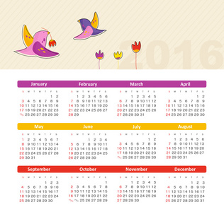 与鸟 2016 年的日历。周从星期日开始