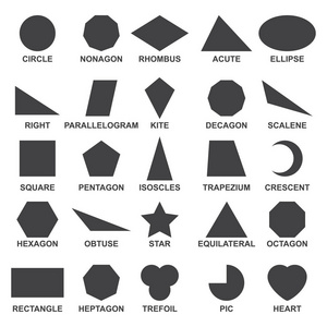 基本几何形状的集合。许多形状的黑色图像, 包括正方形矩形和三角形。矢量平式卡通插图在白色背景下被隔离