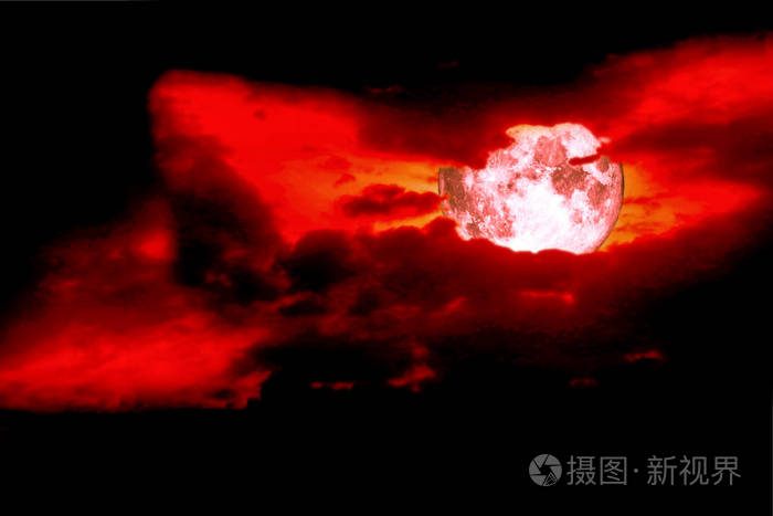 全血月背空间剪影暗红色天空, 概念眼