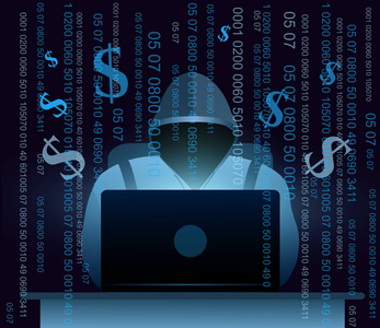 矢量插图黑客与笔记本电脑, 黑客互联网上的深蓝色背景与金钱和代码, 计算机安全概念, 电子邮件垃圾邮件与代码在平面风格
