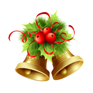 金色圣诞的钟声与冬青浆果 金银和红色的弓。矢量图