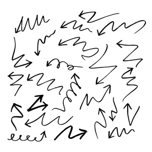 手绘制的箭头集集合的黑色方向铅笔素描符号，矢量图平面设计