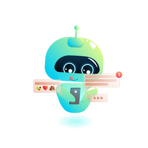 可爱的机器人点击电话, 发送信息。Chatbot 打招呼。在线咨询