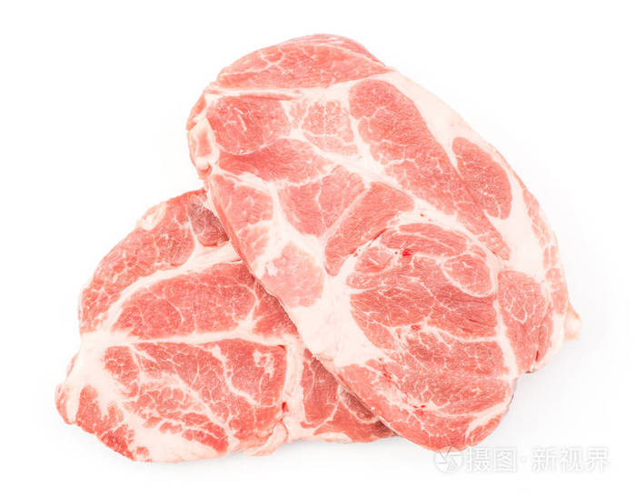 生猪肉颈肉切开白色背景新鲜两片无骨的顶部视图