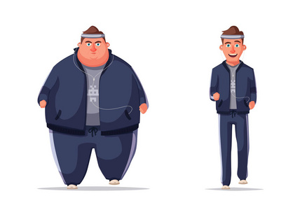 胖男人。跑步和活动生活方式的概念。卡通矢量插画