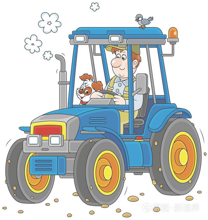 微笑的工人驾驶他的轮式拖拉机, 矢量插图的卡通风格