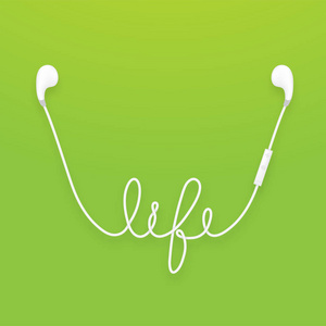 耳机无线和遥控, 耳塞类型白色和生活文本由缆绳在绿色梯度背景隔绝了, 与拷贝空间