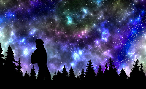 人与背包看星星在夜空之上松树森林
