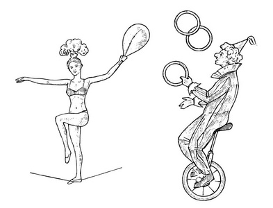 车轮上的小丑变戏法在白色背景上的彩虹或球。街头演员或马戏团的艺术家。表演杂技演员。雕刻手绘素描在复古维多利亚风格