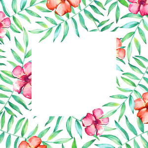 带水彩手的卡片模板绘制热带花卉和植物在白色背景上, 空白为文本