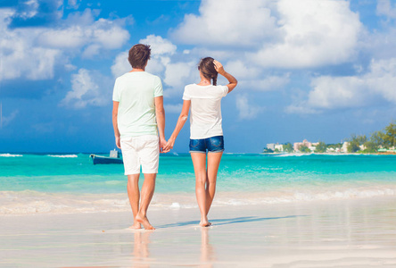 后视图的快乐年轻的夫妇在海滩散步