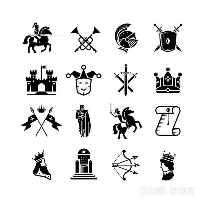 骑士中世纪历史矢量图标集.中世纪的武士武器