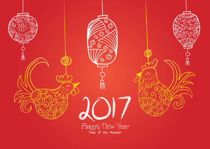 中国新年背景与垂悬的公鸡和灯笼