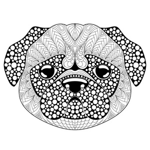 哈巴狗狗头纹身或抗着色页.黑色和白色的手绘制着色书涂鸦.