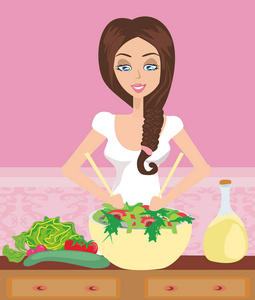 女人健康沙拉碗在厨房里做饭
