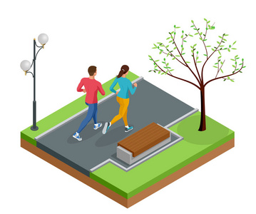 等距的年轻女子和男子赛跑者在城市公园里奔跑。城市地区体育锻炼人的健康生活方式与运动观念