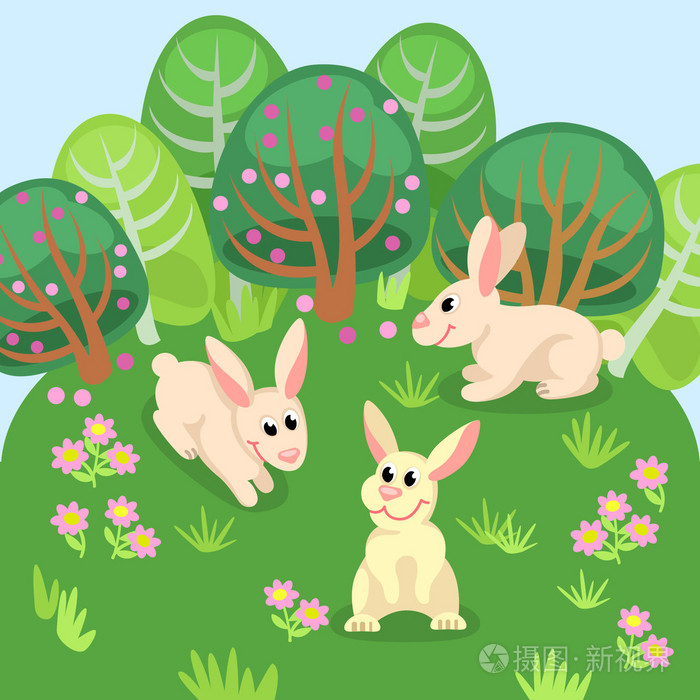 与自然背景下的三只兔子卡