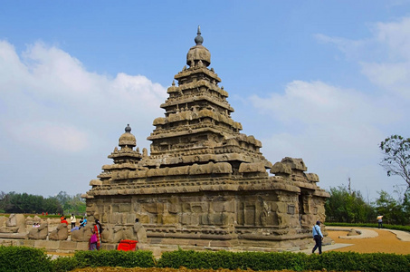 海岸寺庙的外在看法, 修造了在700728 广告, 马哈巴利普兰, 泰米尔纳德邦, 印度