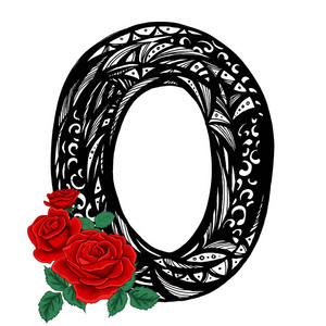 O 字母和红玫瑰。徽标模板