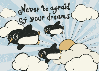 飞行企鹅手绘制的排版海报图片