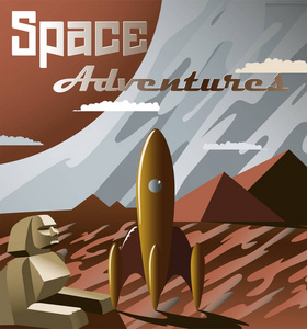 宇宙横幅以火箭和口号 空间冒险。矢量插图。复古未来主义海报