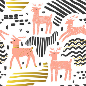 与可爱的鹿无缝模式。幼稚野生动物动物背景为织物纺织品, 墙纸, 包装纸, 装饰。矢量插图