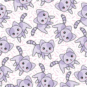 无缝背景的动物插图与可爱紫色猫上洒上背景