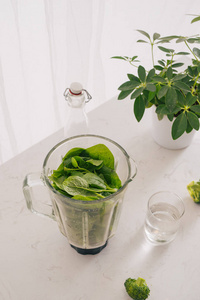 做绿色的冰沙。天然有机健康果汁在瓶中减肥饮食