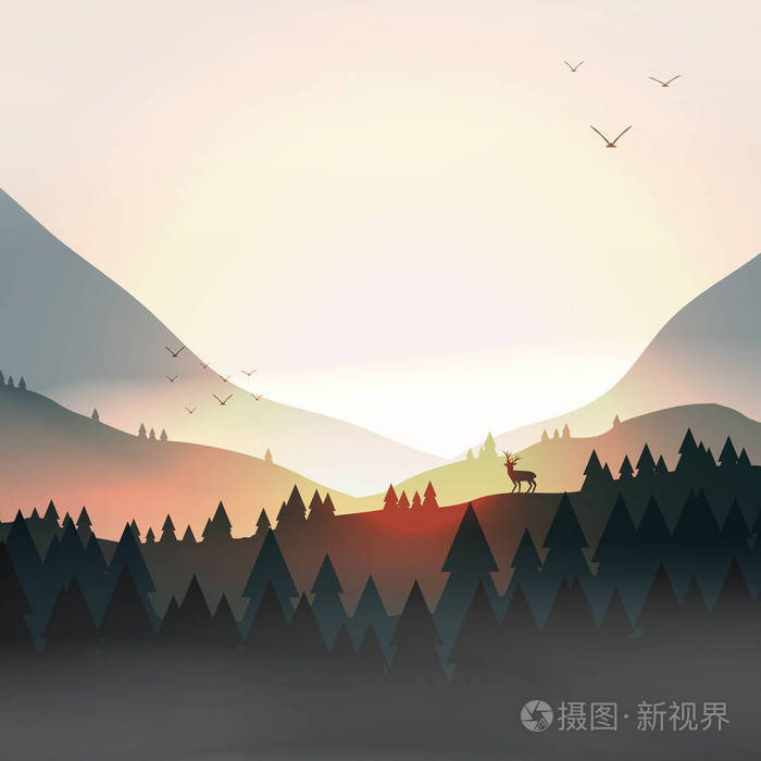 日落或黎明在山上与牡鹿在山顶松树森林插画-正版商用图片0gnwid-摄图