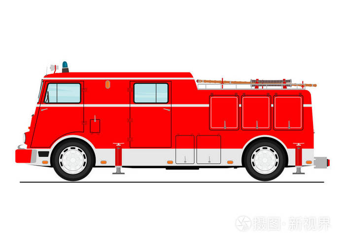 卡通经典消防车.侧面视图.平面矢量