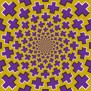 光学运动错觉背景。紫色十字架飞分开循环从中心在黄色背景上