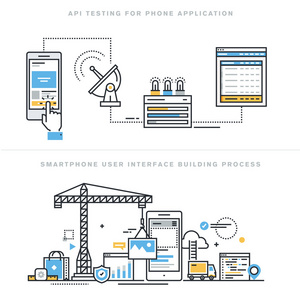 扁线设计矢量图概念软件 Api 原型设计和测试的智能手机，应用程序开发的 Api 接口，智能手机界面建设过程中的，为 web 站