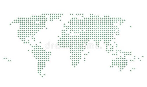 灰色圆点上有绿色美元标志的世界地图