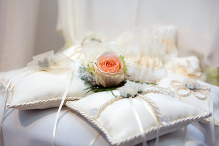 米色 美丽的 玫瑰 婚姻 婚礼 假期 奶油 枕头 花边 缎子