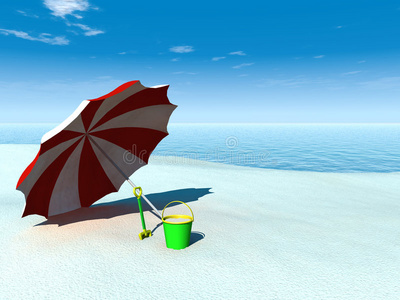 太阳伞，水桶和铲子在沙滩上。