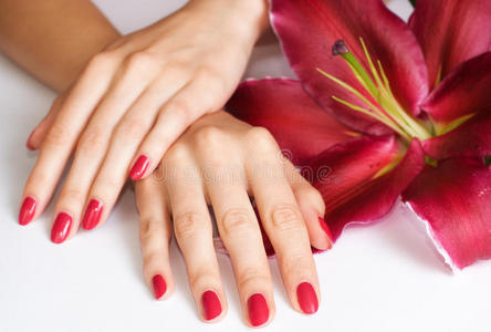 粉红色指甲和百合花的手