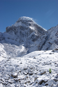 登山者走向雪山，喜马拉雅山