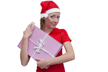 带粉色礼品盒的快乐圣诞助手图片