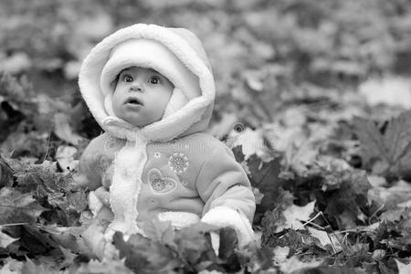 穿着冬衣的树叶堆里的婴儿
